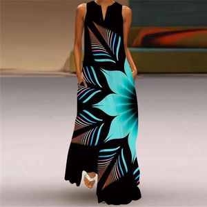 Basic Casual Dresses Classical Boho Printed Dresses Women Casual Sleeveless V-Neck Maxi Dress Ladies Elegant Retro Long Party Dresses Beach Vestidos 230615