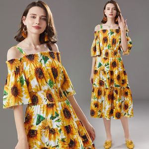 Vestidos casuais básicos verão novo estilo ombro a ombro cabide vestido longo ombro a ombro com estampa de girassol na cintura 210522