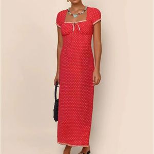 Designer Elegant Temperament Long Skirt with Polka Dot Print Square Neck and Lace Edge Short Sleeved Dress Robe