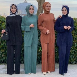 무슬림 여성은 이슬람 세트 아바야 터키 여성 무슬림 패션 블라우스와 바지 아바야 두바이 무술만 앙상블 2 조각 세트