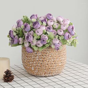 Decorative Flowers Purple Rose Pink Silk Bouquet Peony Artificial 15 Heads Bride Wedding Home Decoration Fake Faux