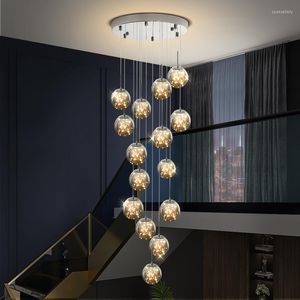 Pendant Lamps LED Modern Spiral Living Room Light Villa Loft Dining Kitchen Crystal Ball Stair Long