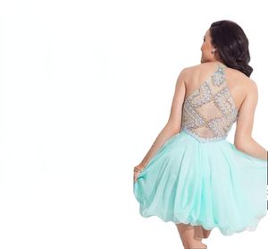 Mint Green Halter Rhinestone Homecoming Dresses Illusion Short Mini Party Gowns Prom Dresses Cocktail Dress 8th Class Graduation Dress