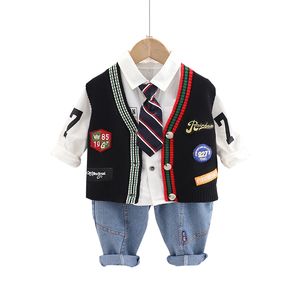 Clothing Sets 3PCS Clothes Baby Boy Set Clothing Toddler Infant Long Sleeve For Children Shirt Sweater Jeans Kids Suit Tie Gentleman 1-5Y 230614