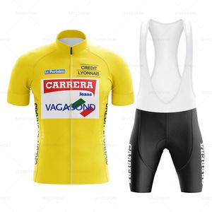 Radfahren Jersey Sets Gelb Retro Set Klassische Fahrrad Anzug Fahrrad Kurzarm Männer Trägerhose Triathlon Kleidung Por team 230614