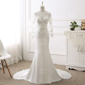 Vestido de Noiva Branco Sereia Boho Mangas Completas Vestidos De Novia Tule Apliques Pérolas Vestido de Noiva Custom Made Robe Casamento