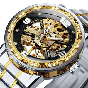 腕時計金のスケルトン機械式時計ファッションダイヤモンドラミネスハンドヴィンテージラグジュアリーメンズウォッチステンレススチールストラップ時計