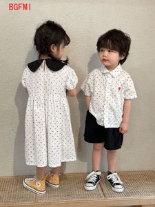 Family Matching Outfits 2-12Y 100% Cotton Polka Dot T-shirt Children Boys Summer Thin Set Girl Dress Cute Love Print Dresses Brother and sister clothing 230614