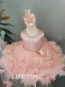 Vestidos de menina vestido fofo rosa bebê com laço de flor de trem linda criança aniversário primeira comunhão