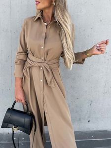Basic Casual Dresses S~3XL Solid Long Sleeve Shirt Dress Women Lace up Single Breasted Beach Maxi Party Dresses Turn-down Collar Split Sash Vestidos 230614