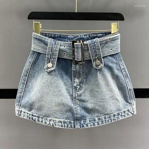 Юбки 2023 Летняя весенняя повседневная обертка джинсовая юбка Женщины с поясной джинкой мини-талией винтажная a-line шикарная одежда Y2K уличная одежда