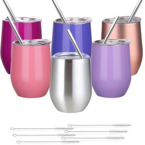 Water Bottles 12oz Wine Tumbler Egg Shape Glasses With Metal Straw And Brush Stainless Steel Cup Multi Color Coffee Mugs Wedding Gifts 230614