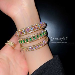 Hot Sale Color Round Cut Tennis Bracelet Women Jewelry Punk Gold Plated Full Green Pink Zircon