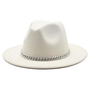 2020 High Quality Wide Brim Fedora Hat Women Men Imitation Wool Felt Hats with Metal Chain Decor Panama Fedoras Chapeau Sombrero C281d