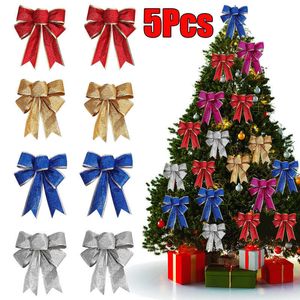 New 5Pcs Christmas Bows Decoration Xmas Tree Hanging Pendant Gold Red Ribbon Bowknot New Year Navidad Christmas Home Decor Ornaments