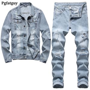 Ripped Slim-fit Men's Pants Sets Simple Casual Long Sleeve Denim Jacket and Jeans 2pcs Set Light Blue Spring Summer Ropa Hombre