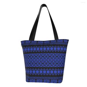 Shopping Bags Ukrainian Embroidery Groceries Print Canvas Shopper Shoulder Tote Bag Big Capacity Boho Bohemian Geometric Handbag