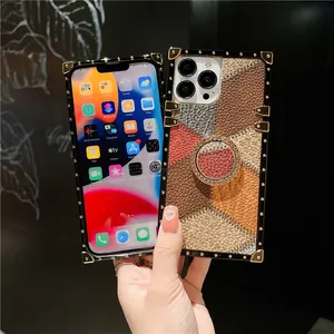 Luxury Geometric Print Square Plating Vogue Phone Case for iPhone 14 13 12 11 Pro Max Samsung Galaxy S23 Ultra S22 Plus S21 S20 Ring Holder Plaid Print Bracket Back Cover