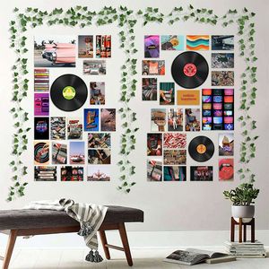 48pcsヴィンテージレコードポスターレトロ審美的な壁コラージュキットアート印刷カードフェイクバイントリッピー寮の寝室の装飾