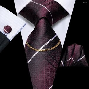 Bow Ties Classic Striped Dark Burgundy Luxury Silk Mens Tie Fashion Slips Kedja Hanky ​​Cufflink Set Gift For Men Wedding Hi-Tie Designer