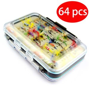 Baits Lures 64 pcs fishing lures fly hook set bait transparent box carp catfish trout banana fish lure 230614