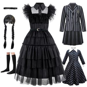 Abiti da ragazza Mercoledì Pizzo nero Halloween Dress Up Vestito da spettacolo per feste di compleanno per ragazze Vestito da gioco di ruolo per ragazze 4-12 anni 230614