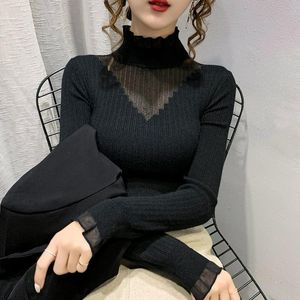 Kvinna tröjor Chandails Women's Half Turtleneck spetsstitching ihålig ut tröja västerländsk stil Slim Fit inre stickad