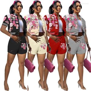 Chándales de mujer Varsity Funny 3D Print Conjuntos de 2 piezas Chándal Mujer Chaquetas de manga corta de un solo pecho Crop Top Pantalones cortos a juego