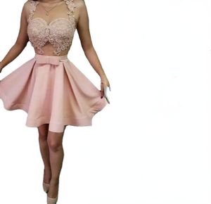 Pink Homecoming Dresses Sheer Neck Lace Applicants Kort balklänning Se genom cocktailfestklänningar