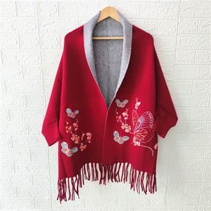 スカーフ刺繍されたカシミアスカーフ袖のシャウルケープニットタッセルバットシャツコートレディースブファンダ