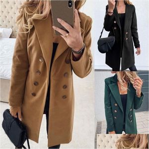 Jaquetas Femininas Casaco Feminino de Lã Artificial Mistura Elegante Feminino Fino Lapela Longa Manga Dupla Abotoamento Outerwear Drop Deliver Dhgsi