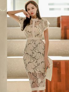 Casual Dresses Lace Summer Korean Elegant Women Evening Dress Lady Floral Sexy Sheer Butterfly Sleeve Slim Midi Party Club Femme Mujer