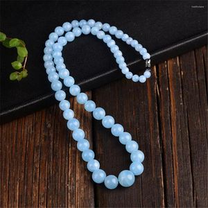 Kedjor naturliga havblå akvamarin halsband länge för kvinnor dam kärlek gåva kristall runda pärlor skönhet smycken 5mm-12mm