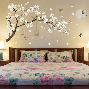 Chinese Style Wall Decal White Blossom Flowers and Flying Birds DIY Floral Tree Wall Art Decor Stickers Murals for Office Home