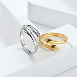 anel de designer anéis abraço forma design anel declaração anéis presente requintado jóias de casamento anel minimalista de aço inoxidável banhado a ouro conjunto de joias de prata presente 1 mmbm