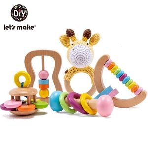 Rattles Mobiles Lets Making Wood Rattle Hand Tinging Ring Baby Play Gym Montessori barnvagn Toy Crochet Elephant Giraffe 230615