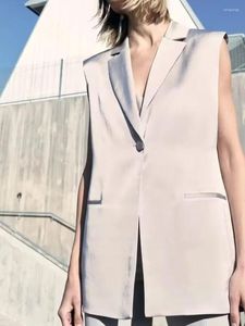 Kvinnors västar Summer Women's White Lapel Single Breasted Pocket Design Silk Satin Texture Tyg Vest Fashion High Street Style Style