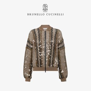 Damenjacken Brunello Spring Leinenstreifen cucinelli bestickter Reißverschluss Langarm Pilot Jacke Mantel