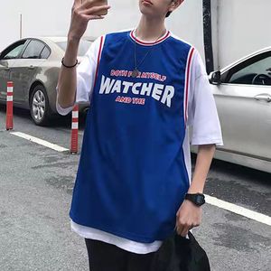 Hip Hop Blue Fake Two Piece Jacket Patchwork Tshirt Women Män Summer Nytryckt Sport Baseball Uniform T-shirt Woman