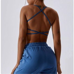 Yoga Outfit Solid Color Women Sport Bra Comprehensive Training Underwear Fitnes Top Gym Chest Pad Cross Back Spaghetti Shoulder Strap Cutout