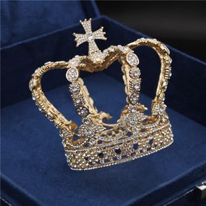 Bröllopshår smycken manlig Cross Crown barock brudbröllop krona kungliga drottning kung tiara födelsedagsfest prestanda huvudtillbehör diadem smycken 230614