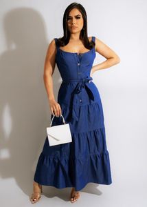 Casual Dresses EWSFV 2023 Summer Women mode alla matchar midja Slim Solid Color Sleeveless Denim Dress
