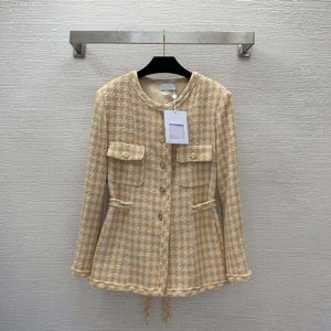 23ss レディースジャケット女性デザイナー服コントラストチェック柄ツイード椿裏地気質レディスタイルレースアップラウンドネック長袖コート女性服