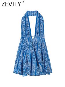 Основные повседневные платья Zevity Women Vintage Geometric Totem Totem Floral Print Halter Mini платье Женское шикарное лето кружевное кружев