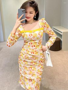 Casual Dresses Spring Autumn French Elegant Women aftonklänning Satin Floral Square Collar Bag Hip Slim Midi Party Prom Robe Mujer Vestidos