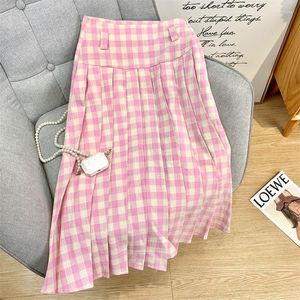 Skirts Sweet Women Pleated Skirt High Waist A-Line Loose Plaid Print Summer Pink Dress Fashion Female Versatile Casual Long