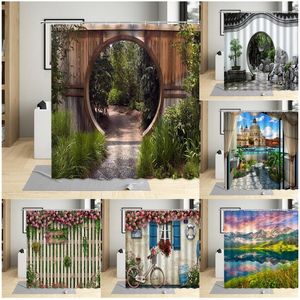 Shower Curtains Chinese Style Shower Curtain Vintage Wood Board Garden Building Green Plant Bamboo Pattern Bathroom Decor Polyester Curtain Set 230615
