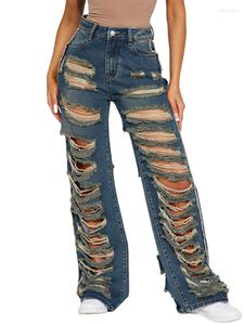 Jeans da donna Pantaloni a zampa d'elefante strappati a vita alta sexy da donna per pantaloni a campana da club con tasche Pantaloni skinny in denim con foro