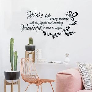 „Wake Up Every Morning“ – inspirierendes Schlafzimmer-Zitat, Wandtattoo, Heimdekoration, Wandaufkleber mit Schmetterlingsblättern