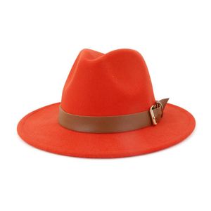 Fashion Men Women Wide Brim Wool Felt Hat Formal Party Jazz Trilby Fedora Hat with Belt Buckle Yellow Orange Rosy Panama Cap276Y